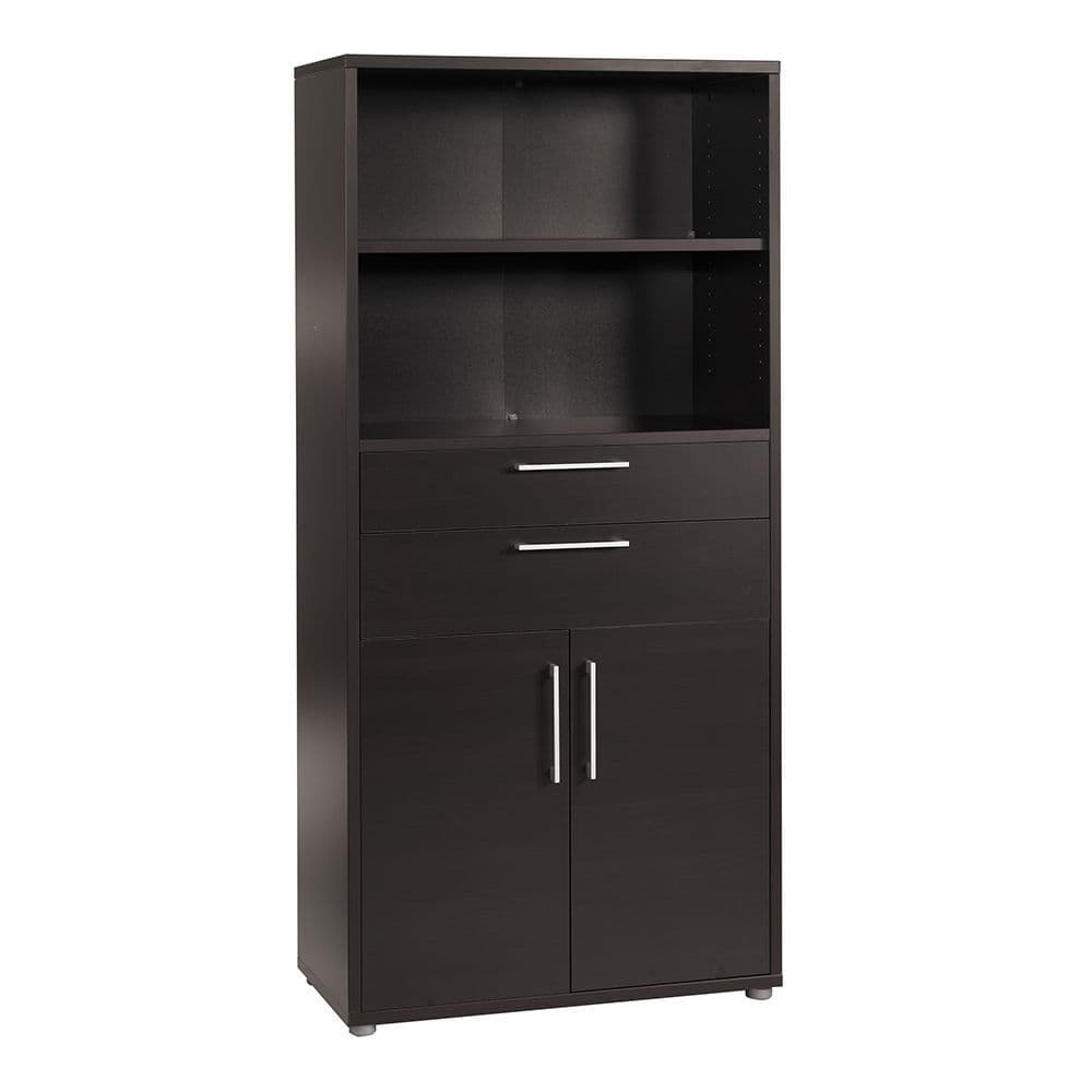 Business Pro Bookcase 4 Shelves with 2 Drawers and 2 Doors in Black woodgrain